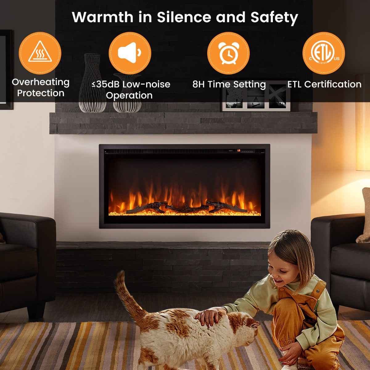 LIVSK Elektrische Haard - 9 Vlamkleuren - 750W/1500W Verwarming - Afstandsbediening - Veilig en Stil - 91,5 x 14 x 45 cm - Zwart