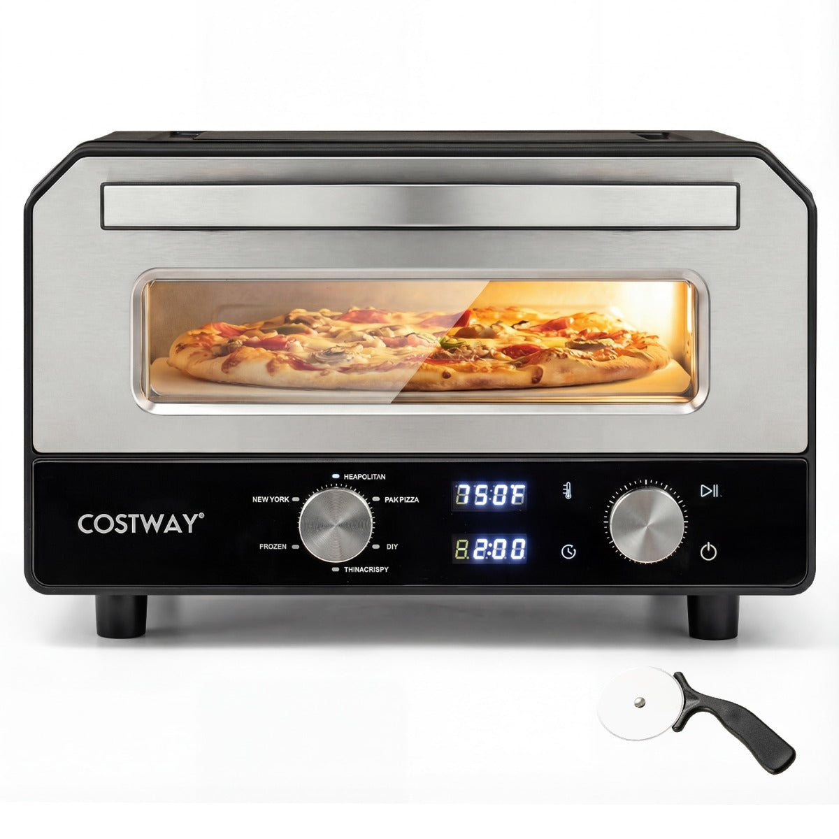 Livsk costway elektrische pizzaoven voor binnen tafelmodel pizzaoven voor pizzas van 30 cm met 6 voorinstellingen en 2 minuten bakfunctie