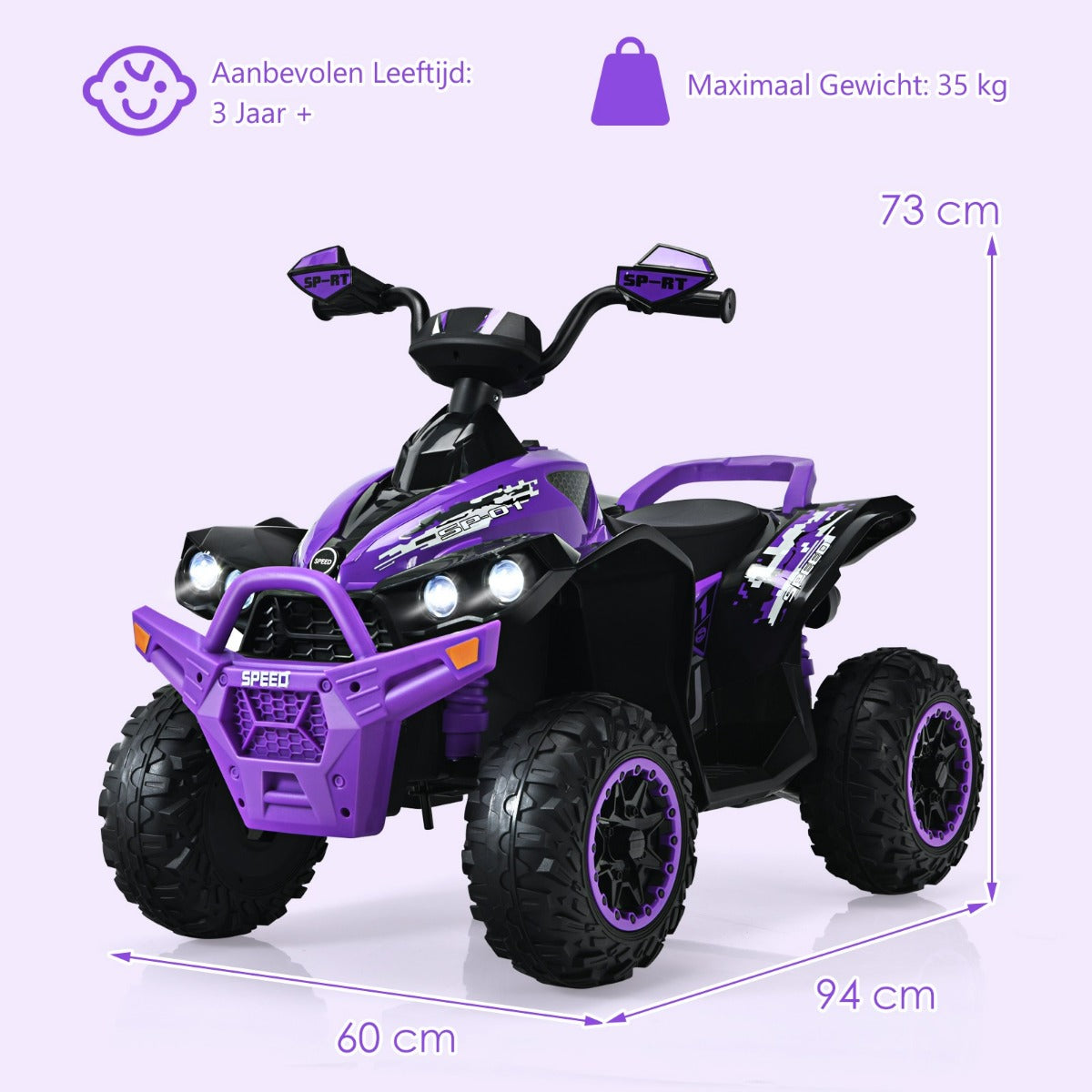 LIVSK Elektrische Kinderauto - Bedieningspaneel met Muziek en LED - Softstart - Tot 35 kg - Voor Binnen/Buiten - Paars