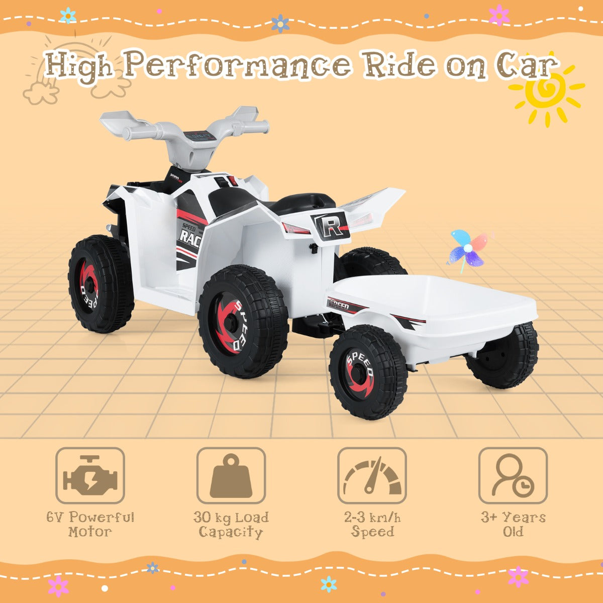 Livsk costway elektrische quad voor kinderen 6 v quad voor kinderen 2 3 km u wit 4