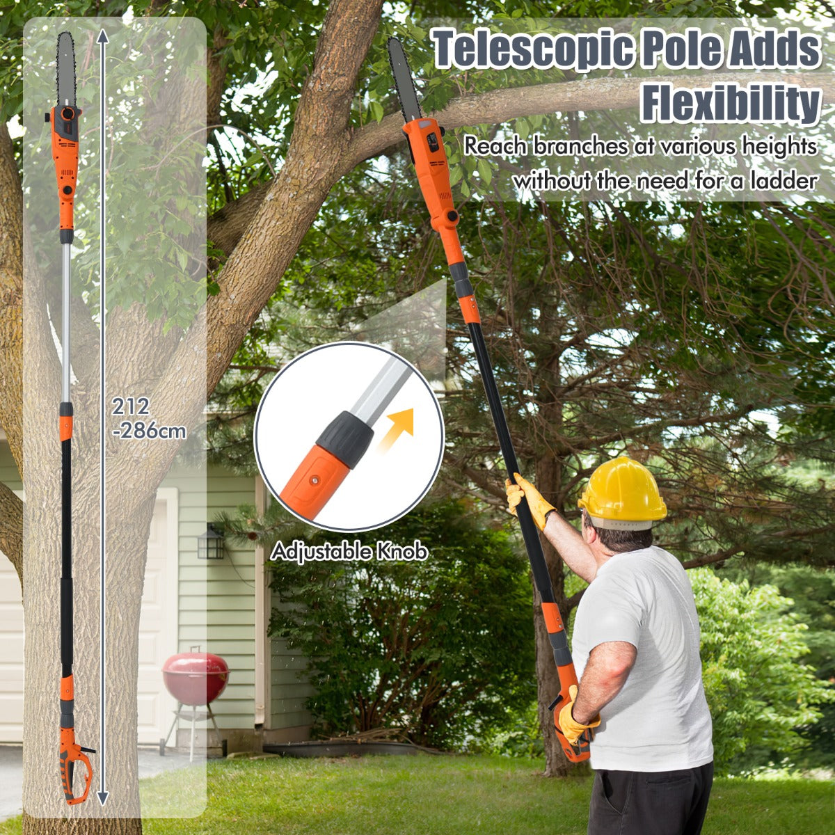LIVSK Telescopische Elektrische Hoogsnoeier - Verstelbare Steel 212-286 cm - Automatische Kettingspanning - 11 m/s - Oranje