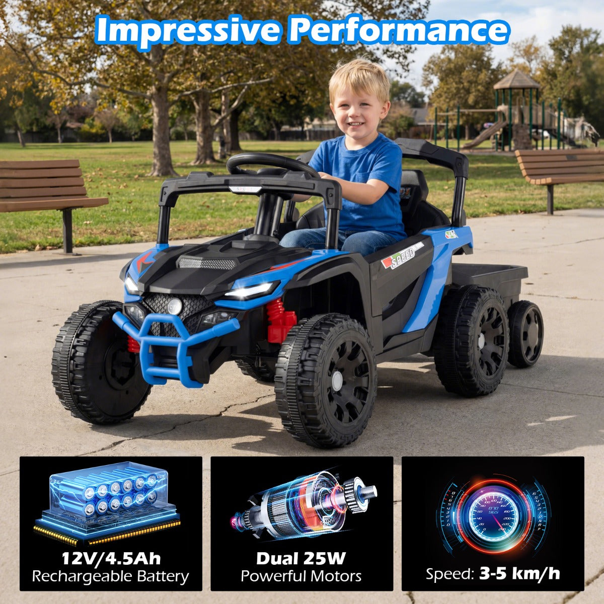 Livsk costway elektrische utv voor kinderen met afneembare aanhanger 12v kindertractor om mee te rijden met afstandsbediening voor ouders blauw 2