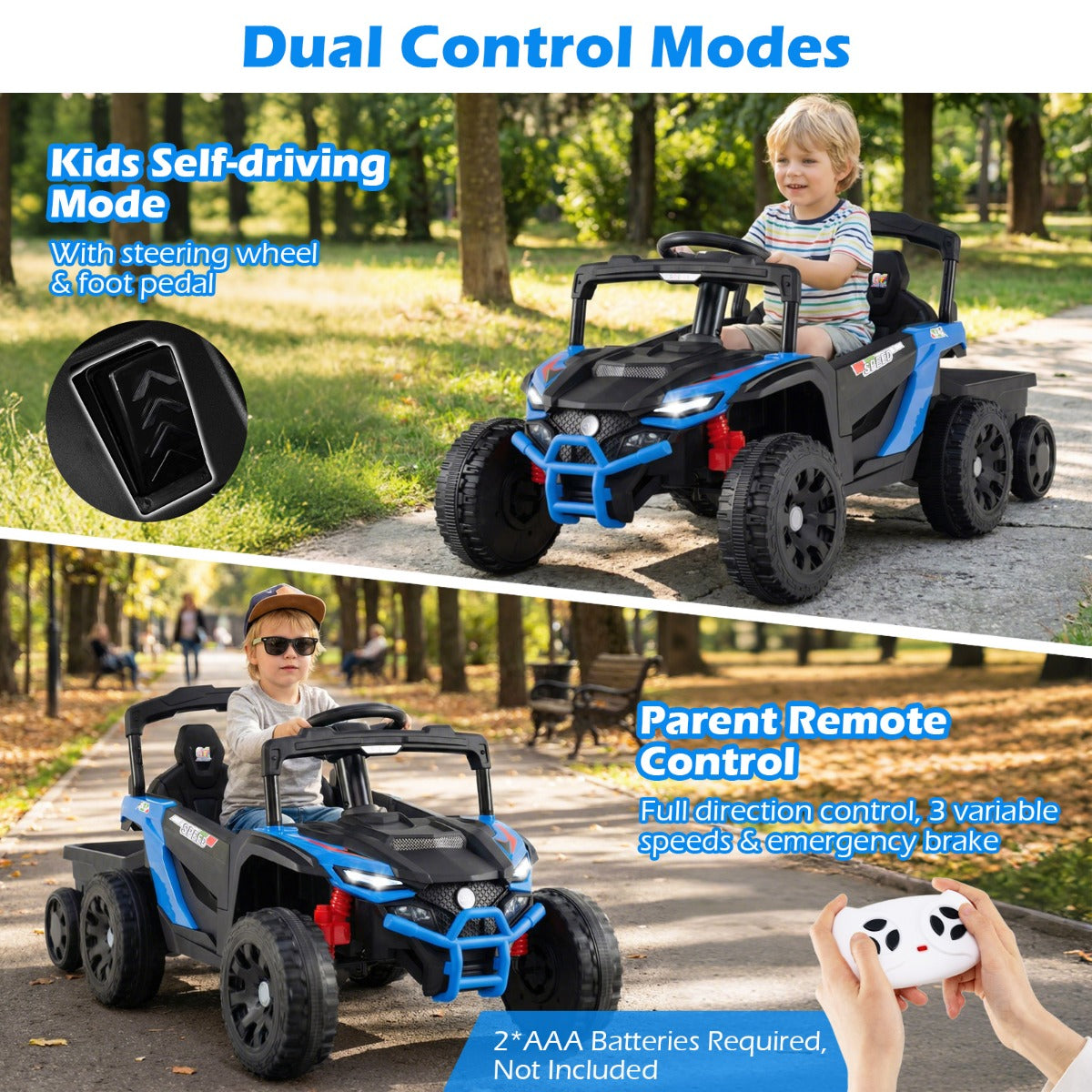 Livsk costway elektrische utv voor kinderen met afneembare aanhanger 12v kindertractor om mee te rijden met afstandsbediening voor ouders blauw 3