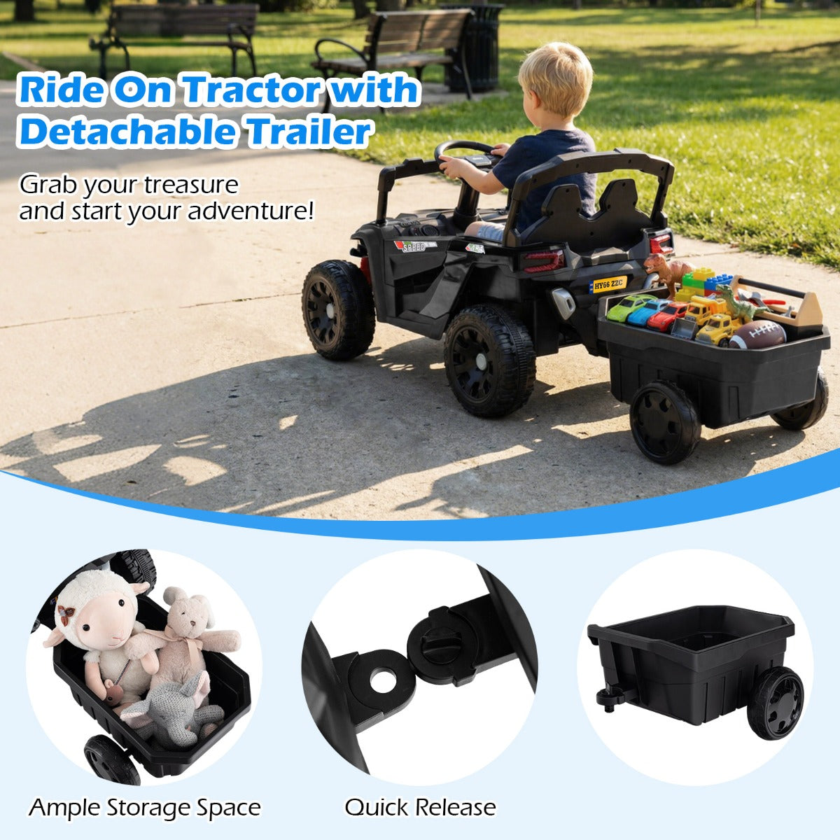 Livsk costway elektrische utv voor kinderen met afneembare aanhanger 12v kindertractor om mee te rijden met afstandsbediening voor ouders zwart 4