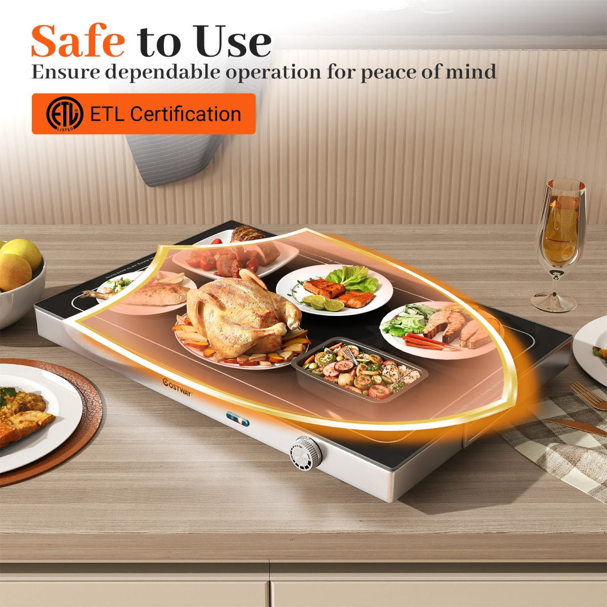 LIVSK Elektrisch Warmhoudblad - Gehard Glas - Instelbare Temperatuur tot 120 ℃ - Draagbaar en Ruimtebesparend - Zwart en Zilver