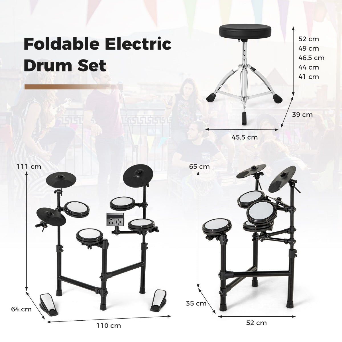 LIVSK Elektronische Drumset - Opvouwbaar met 150 Timbres - Inclusief Drumstokken en Koptelefoon - Compact - Zwart + Wit