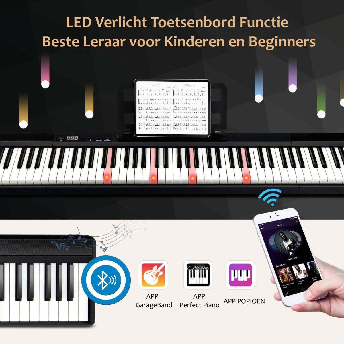 LIVSK Digitale Piano 88 Toetsen - Gewichtsgevoelige Toetsen - MIDI/USB/Bluetooth - Inclusief Sustainpedaal - Zwart/Wit