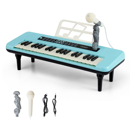 Livsk costway elektronische piano met 37 toetsen voor kinderen draagbaar instrument met microfoon muziekstandaard en afneembare standaard blauw