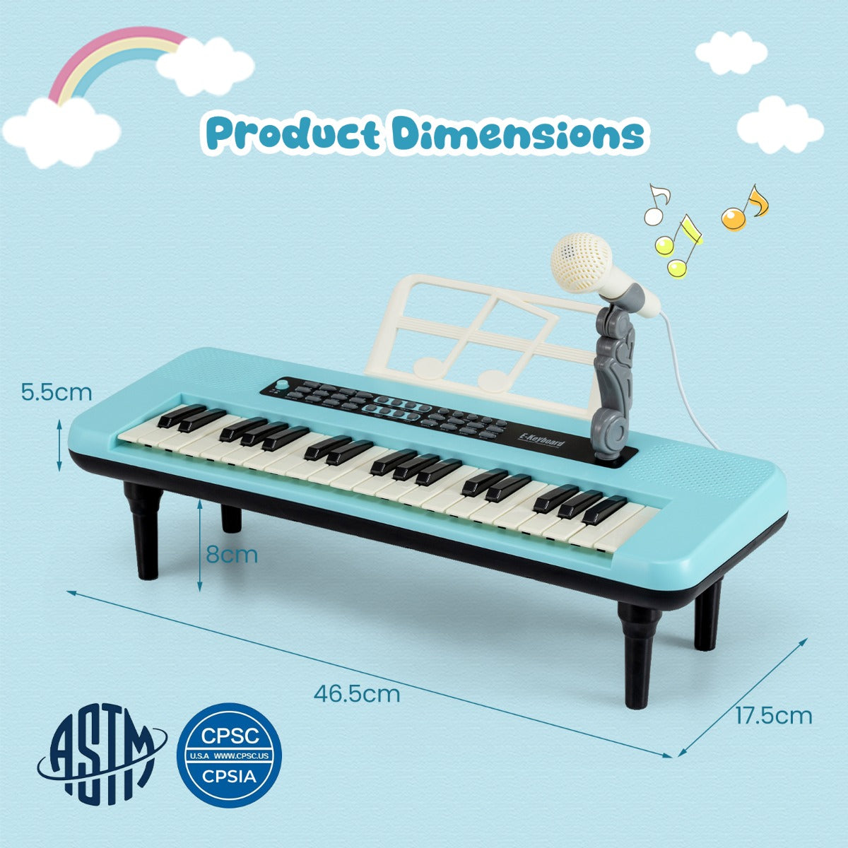 Livsk costway elektronische piano met 37 toetsen voor kinderen draagbaar instrument met microfoon muziekstandaard en afneembare standaard blauw 2