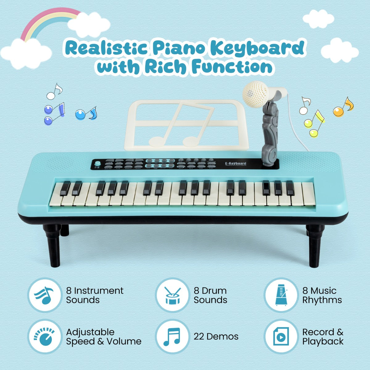Livsk costway elektronische piano met 37 toetsen voor kinderen draagbaar instrument met microfoon muziekstandaard en afneembare standaard blauw 3