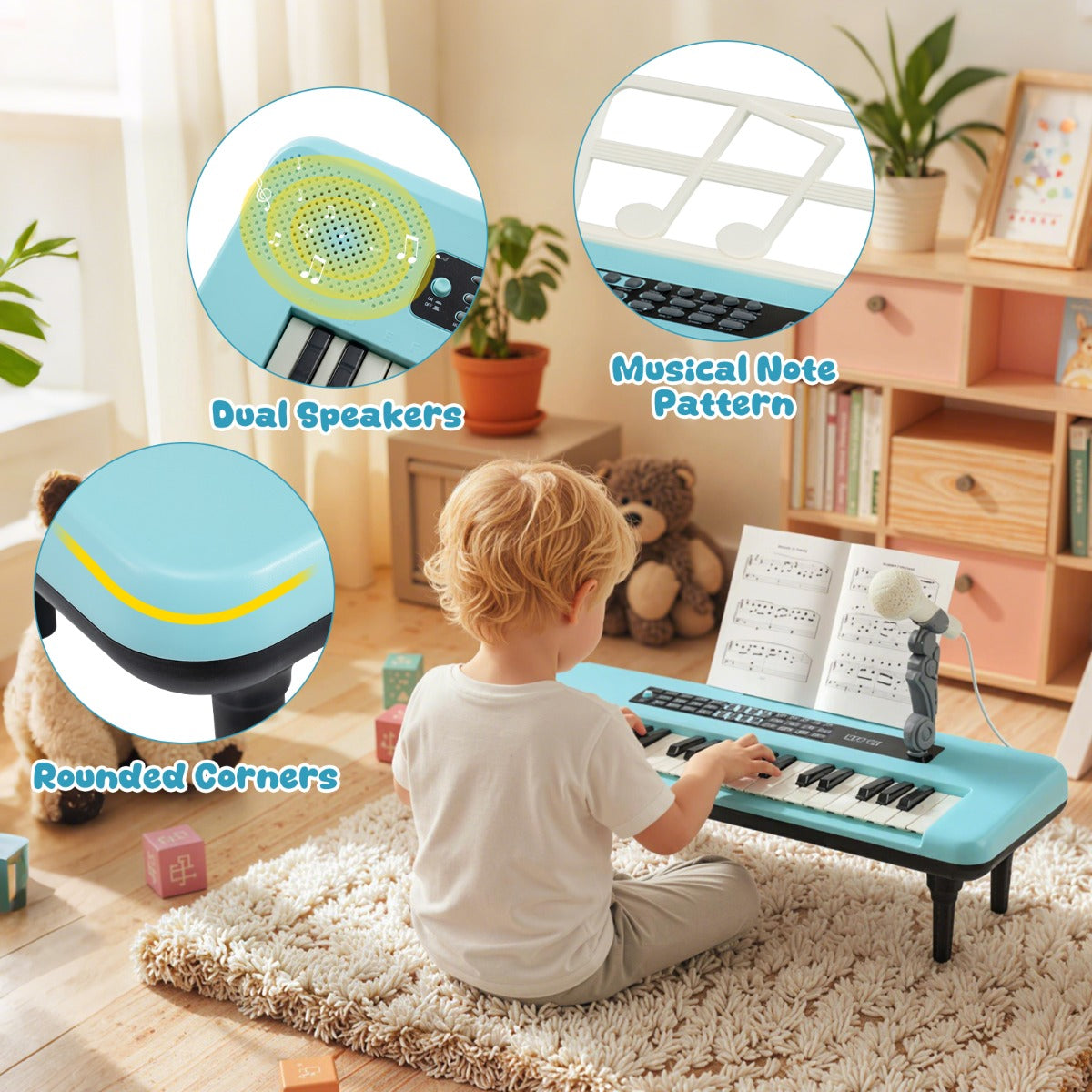 Livsk costway elektronische piano met 37 toetsen voor kinderen draagbaar instrument met microfoon muziekstandaard en afneembare standaard blauw 5