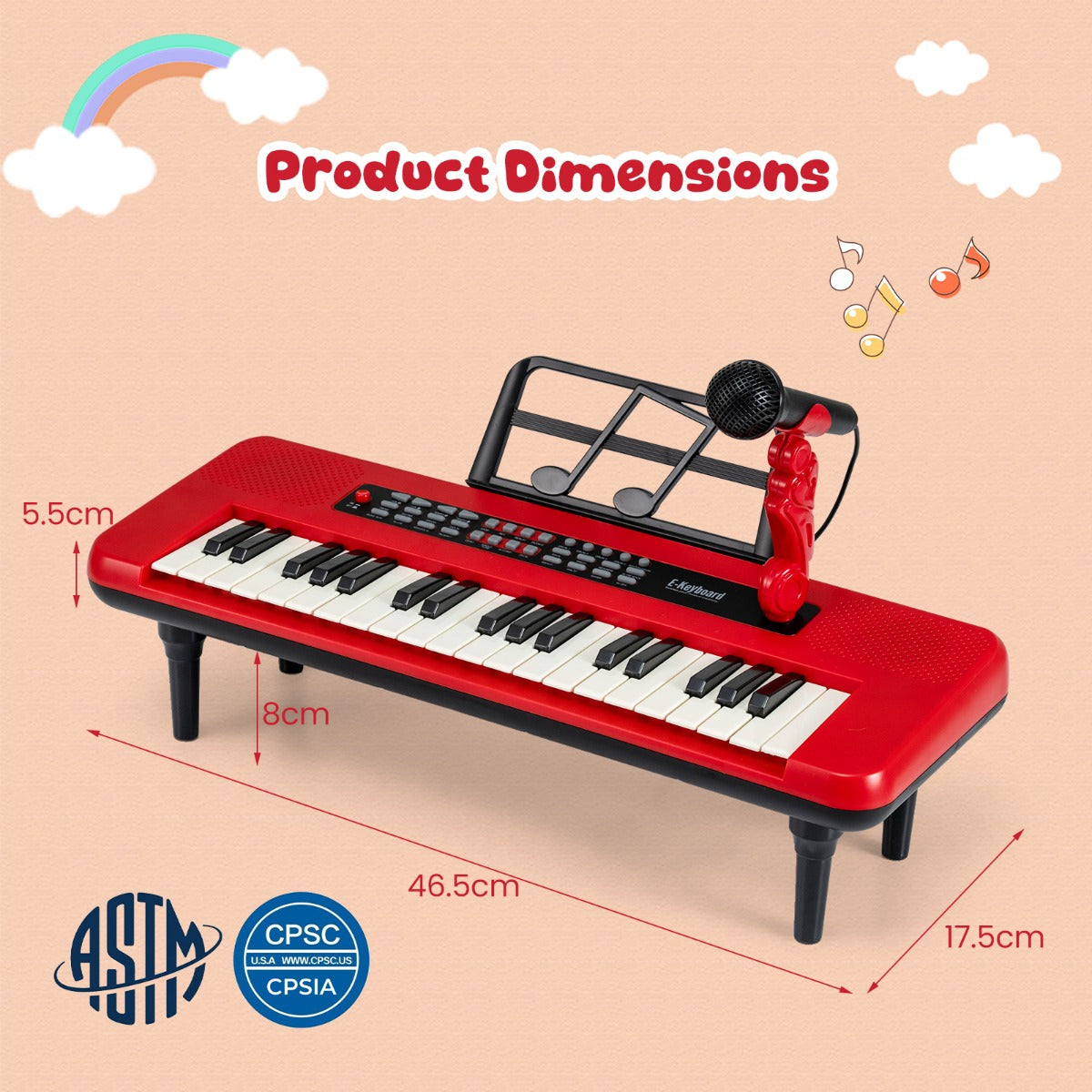 Livsk costway elektronische piano met 37 toetsen voor kinderen draagbaar instrument met microfoon muziekstandaard en afneembare standaard rood 2