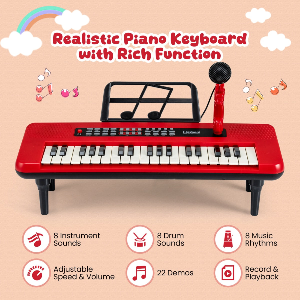 Livsk costway elektronische piano met 37 toetsen voor kinderen draagbaar instrument met microfoon muziekstandaard en afneembare standaard rood 3