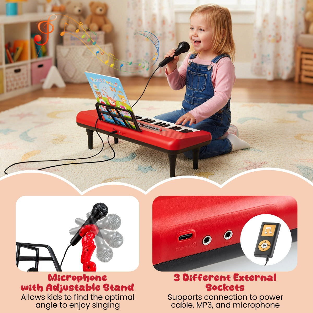 Livsk costway elektronische piano met 37 toetsen voor kinderen draagbaar instrument met microfoon muziekstandaard en afneembare standaard rood 4