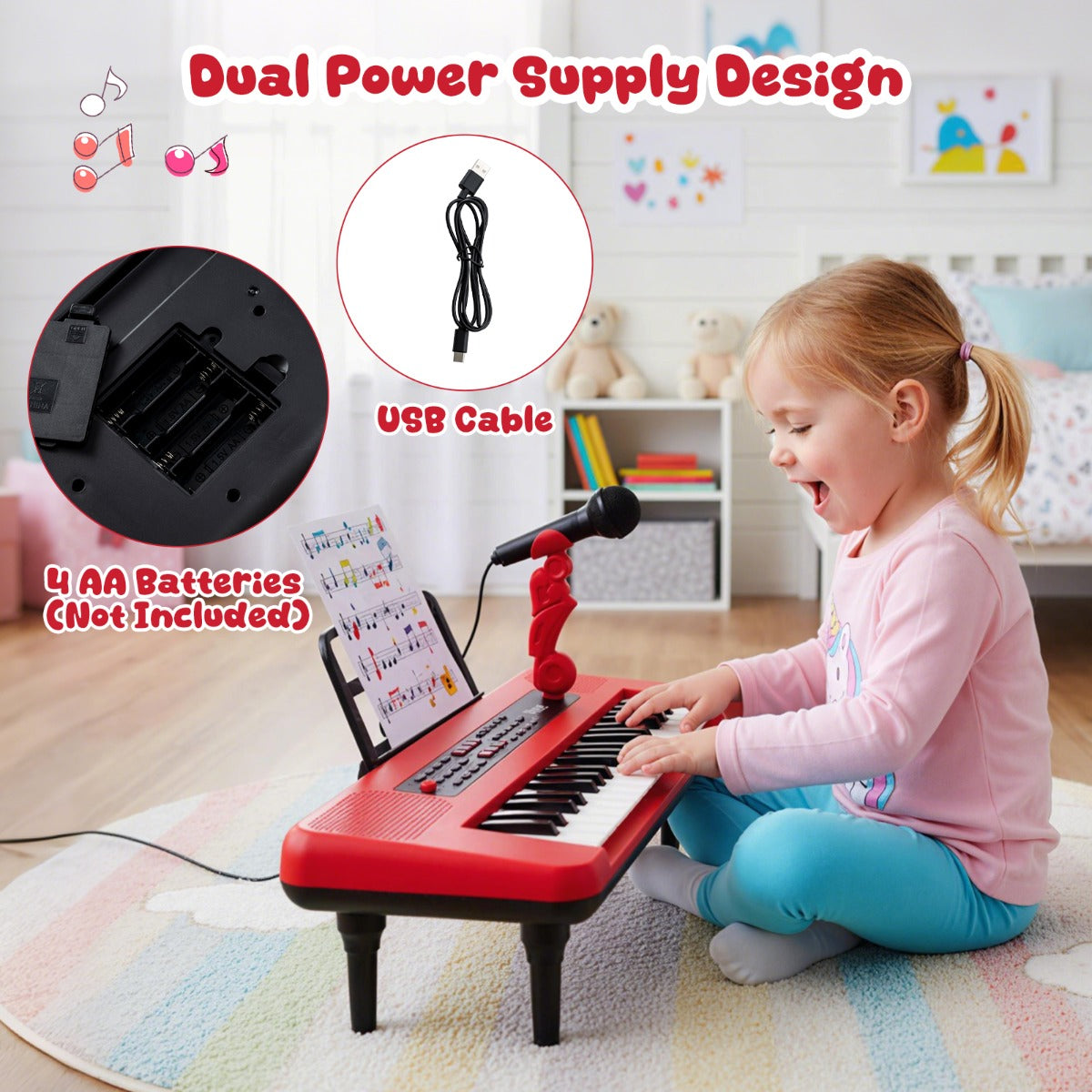 Livsk costway elektronische piano met 37 toetsen voor kinderen draagbaar instrument met microfoon muziekstandaard en afneembare standaard rood 6