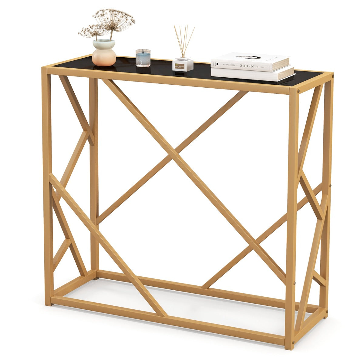 LIVSK Consoletafel - Geharde Glazen Blad - Goudkleurige Metalen Poten - Waterdicht en Hittebestendig - 80 x 30 x 75 cm - Zwart +