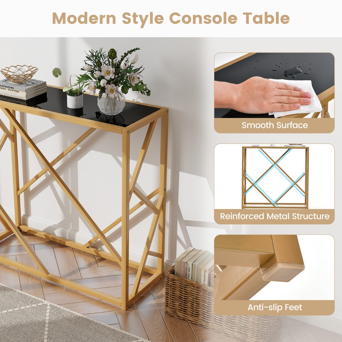 LIVSK Consoletafel - Geharde Glazen Blad - Goudkleurige Metalen Poten - Waterdicht en Hittebestendig - 80 x 30 x 75 cm - Zwart +