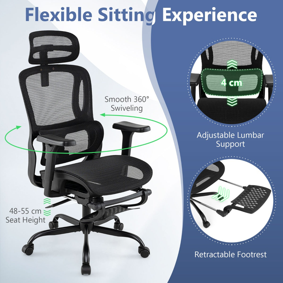 LIVSK Ergonomische Bureaustoel - Verstelbare Hoofdsteun & Rugleuning - 3D-armleuningen - Ademend Netweefsel - Tot 150 kg - Zwart