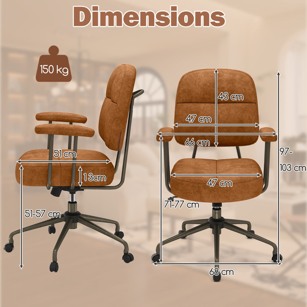 LIVSK Ergonomische Bureaustoel - 13 cm Gewatteerd Zitkussen - Verstelbaar en Kantelbaar - 360° Wielen - Tot 150 kg - Bruin