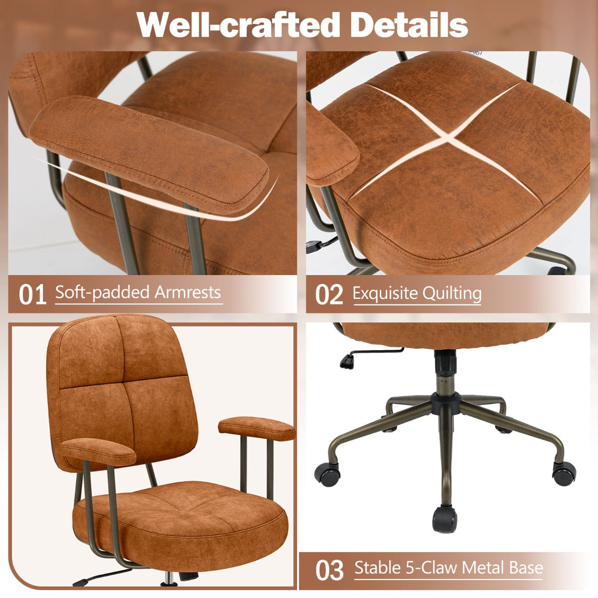 LIVSK Ergonomische Bureaustoel - 13 cm Gewatteerd Zitkussen - Verstelbaar en Kantelbaar - 360° Wielen - Tot 150 kg - Bruin