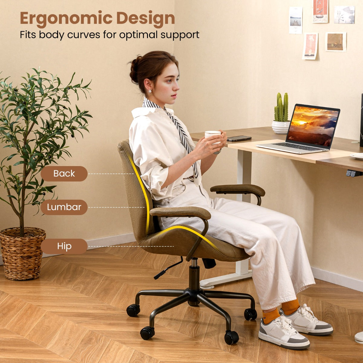 LIVSK Executive Bureaustoel - Ergonomisch met Schommelfunctie - Draaibaar - Tot 150 kg - 68 x 66 x 85-92 cm - Olijfgroen