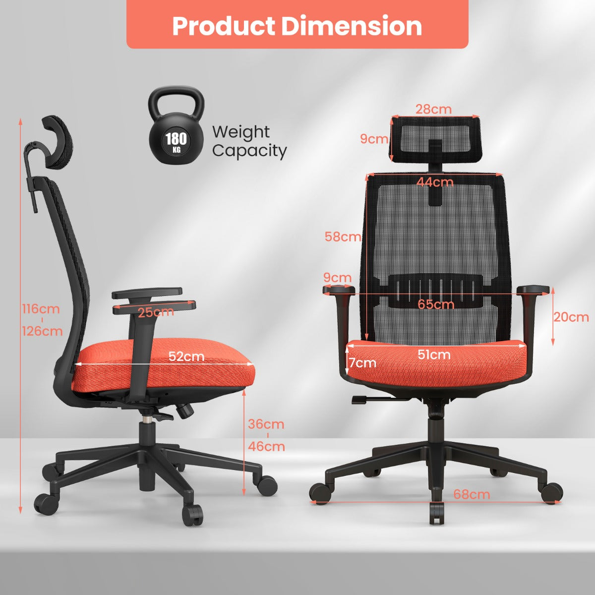 LIVSK Ergonomische Bureaustoel - Verstelbare Hoogte - 360° Draaibaar - Ademende Mesh Rugleuning - Tot 180 kg - Zwart met Oranje