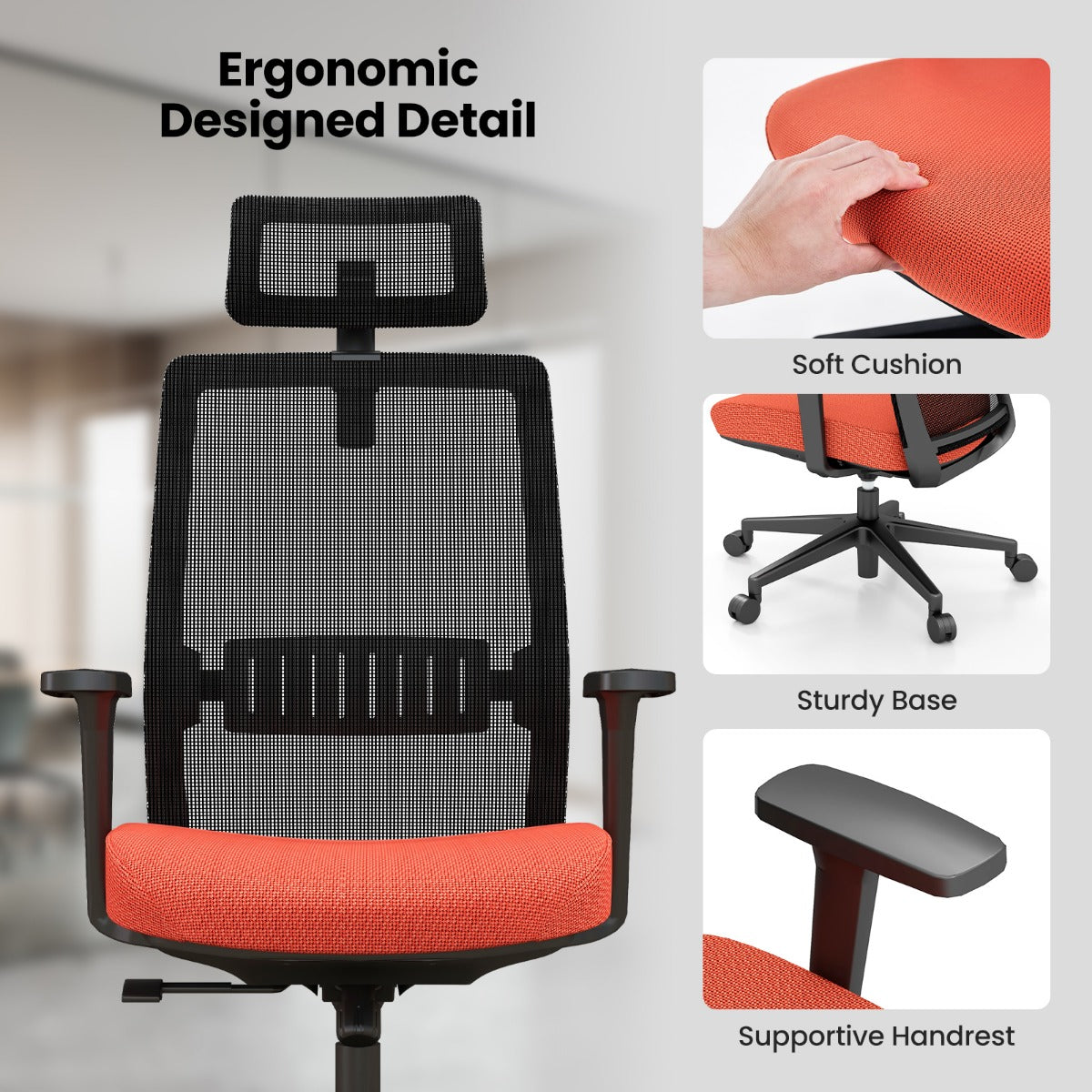 LIVSK Ergonomische Bureaustoel - Verstelbare Hoogte - 360° Draaibaar - Ademende Mesh Rugleuning - Tot 180 kg - Zwart met Oranje