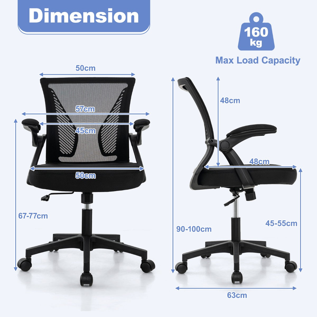 LIVSK Ergonomische Bureaustoel - 360° Draaibaar - Verstelbare Zithoogte 45-55 cm - Ademend Mesh - Tot 160 kg - Zwart