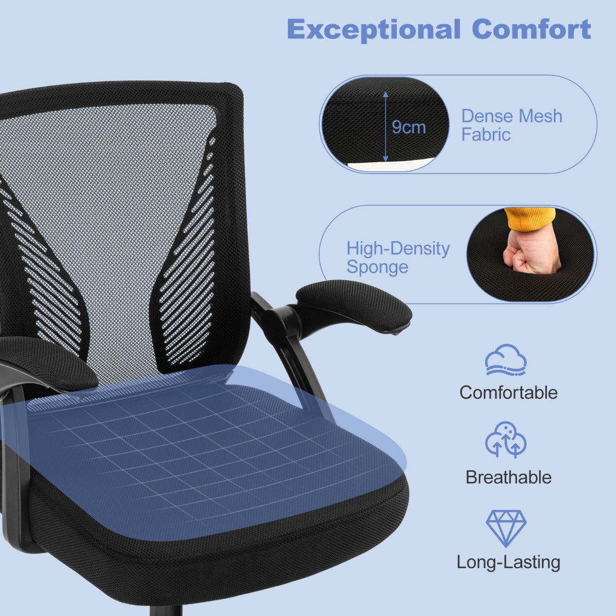 LIVSK Ergonomische Bureaustoel - 360° Draaibaar - Verstelbare Zithoogte 45-55 cm - Ademend Mesh - Tot 160 kg - Zwart