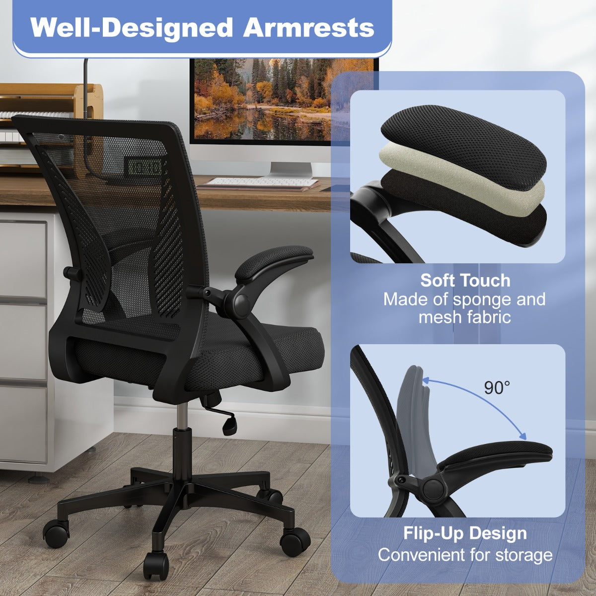 LIVSK Ergonomische Bureaustoel - 360° Draaibaar - Verstelbare Zithoogte 45-55 cm - Ademend Mesh - Tot 160 kg - Zwart