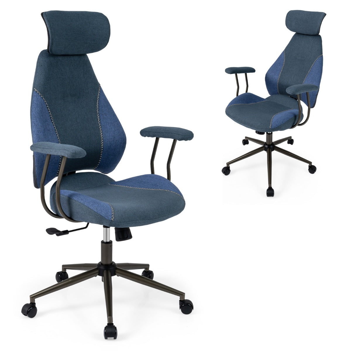 Livsk costway ergonomische bureaustoel met linnen beklede hoofdsteun comfortabele gamingstoel verstelbaar draaibaar blauw