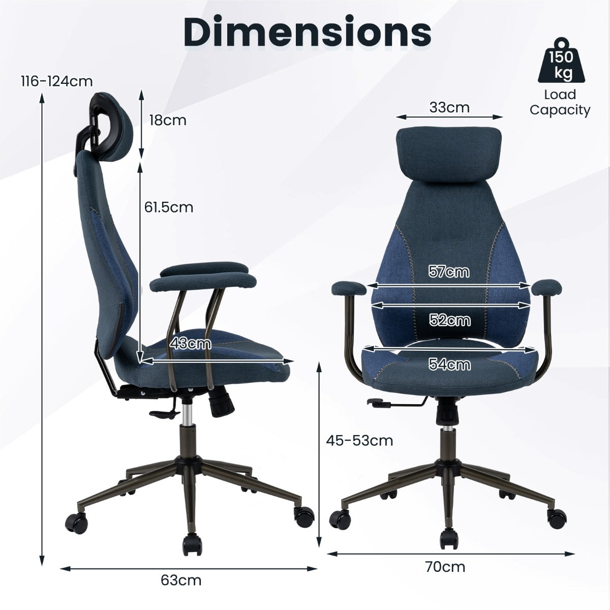Livsk costway ergonomische bureaustoel met linnen beklede hoofdsteun comfortabele gamingstoel verstelbaar draaibaar blauw 2