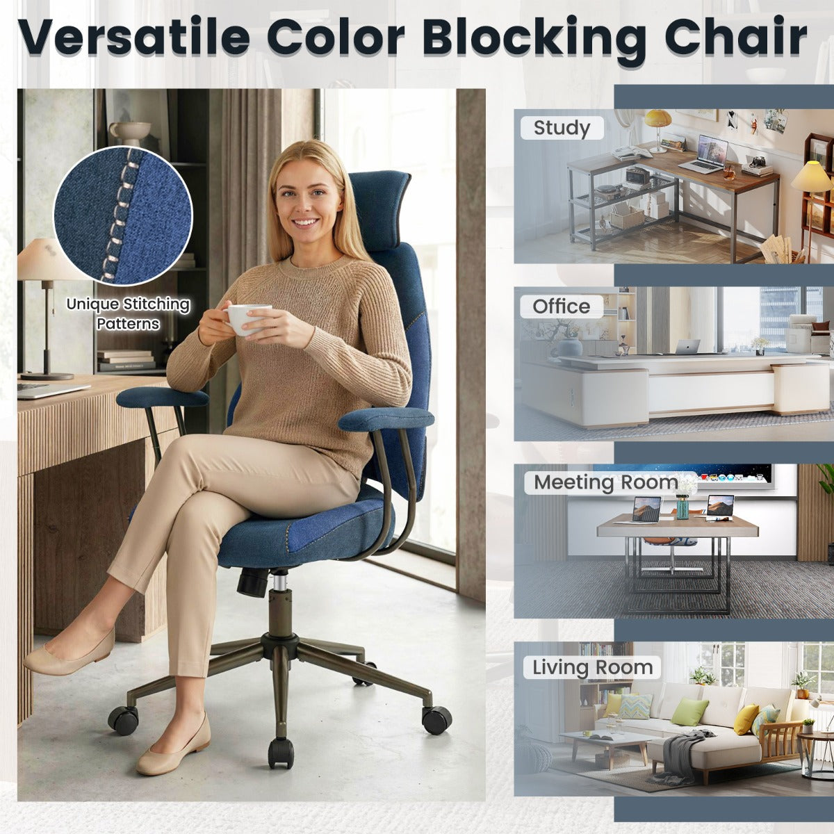 Livsk costway ergonomische bureaustoel met linnen beklede hoofdsteun comfortabele gamingstoel verstelbaar draaibaar blauw 3