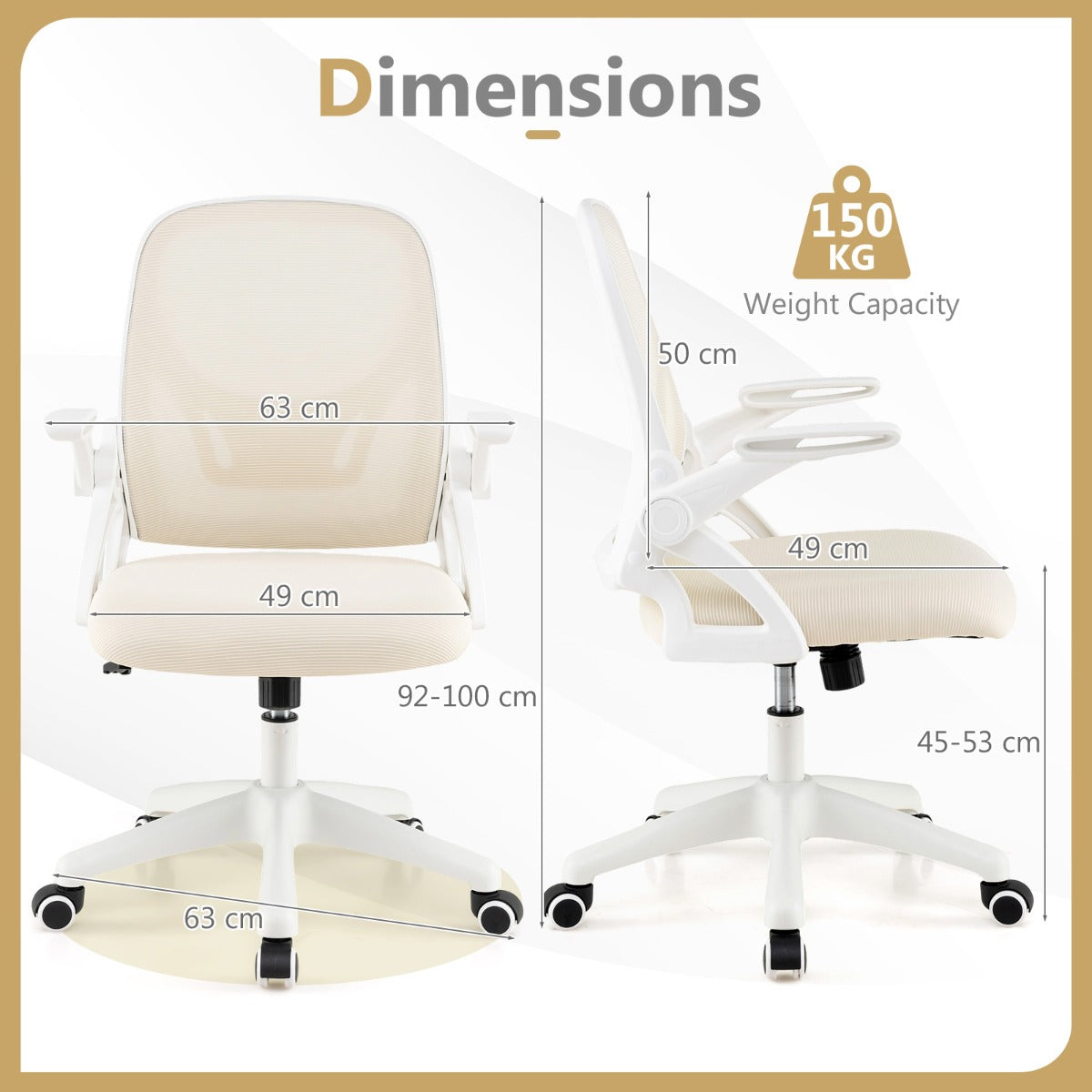 LIVSK Ergonomische Bureaustoel - S-vormige Rugleuning - Opklapbare Armleuningen - Verstelbare Zithoogte - Tot 150 kg - Beige