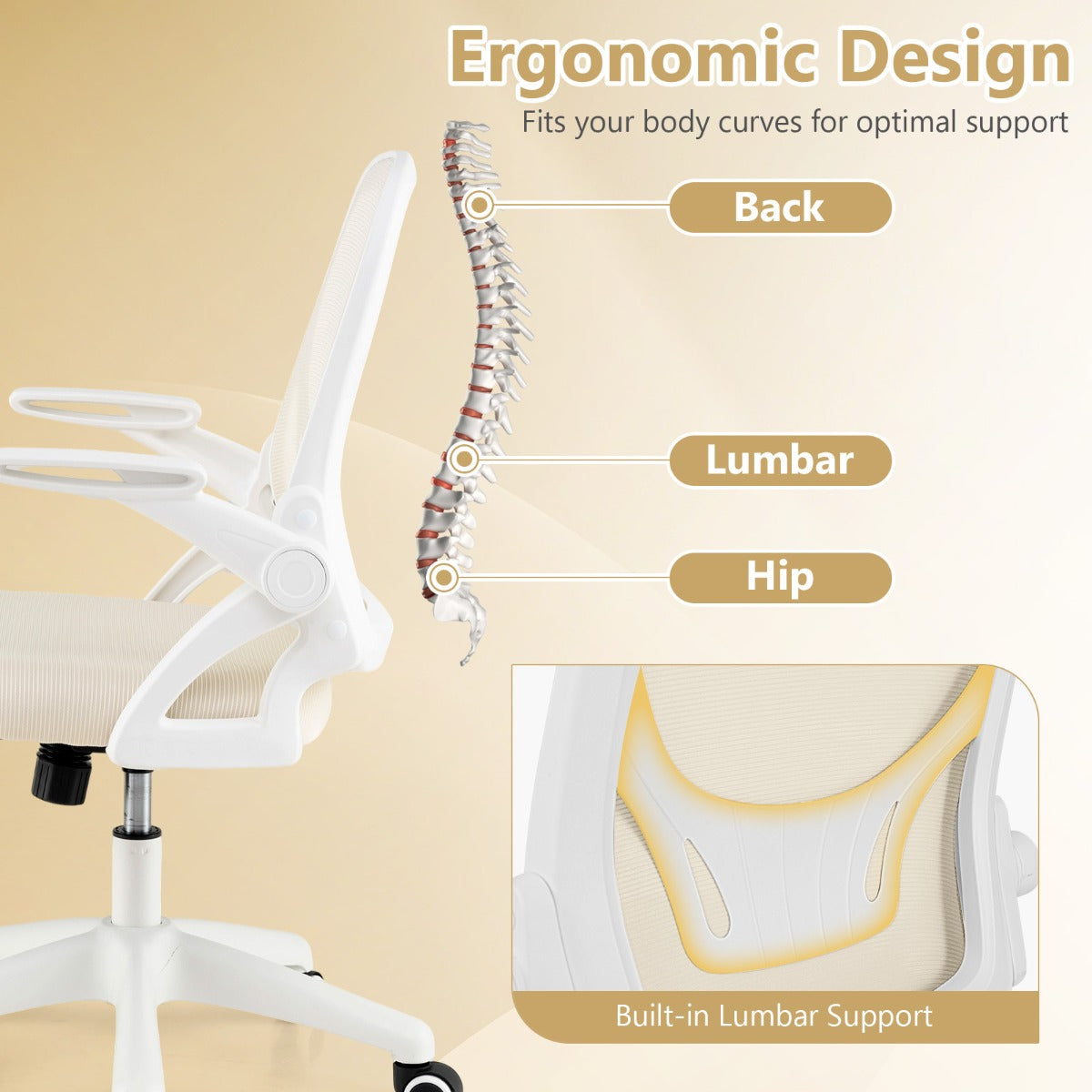 LIVSK Ergonomische Bureaustoel - S-vormige Rugleuning - Opklapbare Armleuningen - Verstelbare Zithoogte - Tot 150 kg - Beige