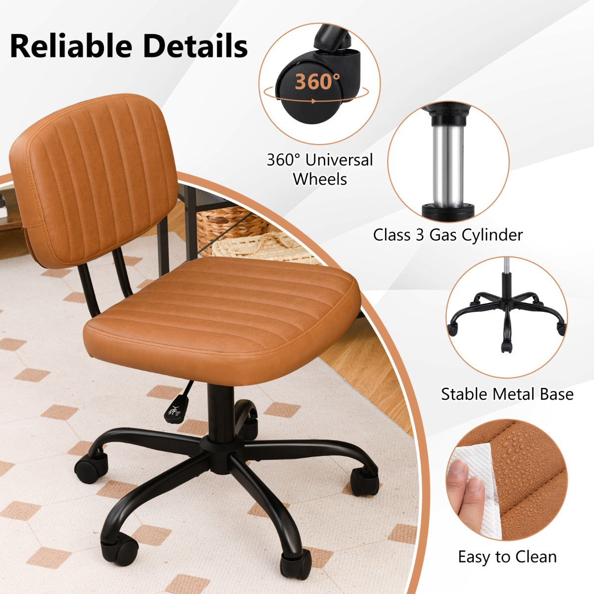 LIVSK Ergonomische Bureaustoel - U-vormige Lendensteun - Verstelbare Zithoogte 45,5-55 cm - Bruin - Tot 125 kg - Compact Design