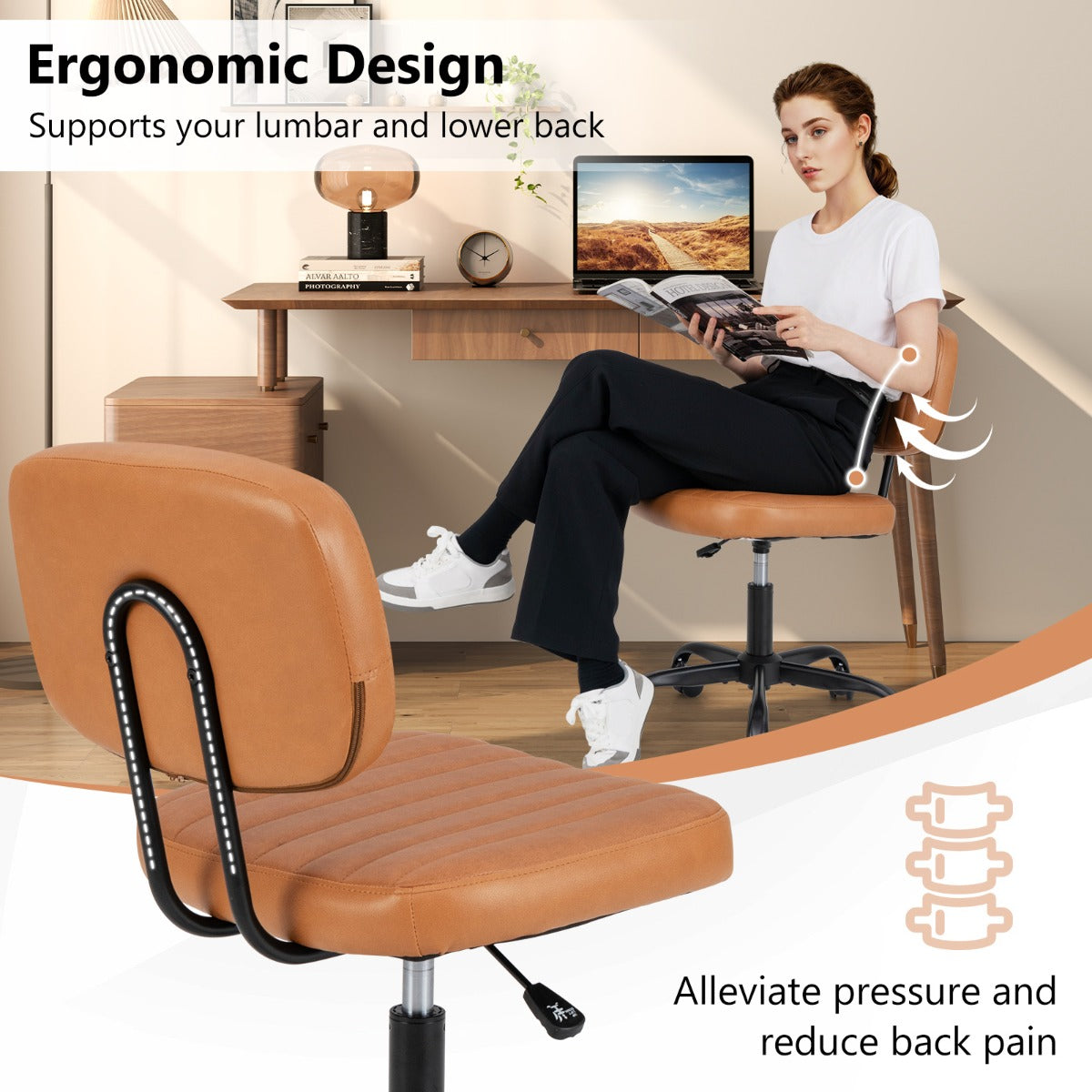 LIVSK Ergonomische Bureaustoel - U-vormige Lendensteun - Verstelbare Zithoogte 45,5-55 cm - Bruin - Tot 125 kg - Compact Design