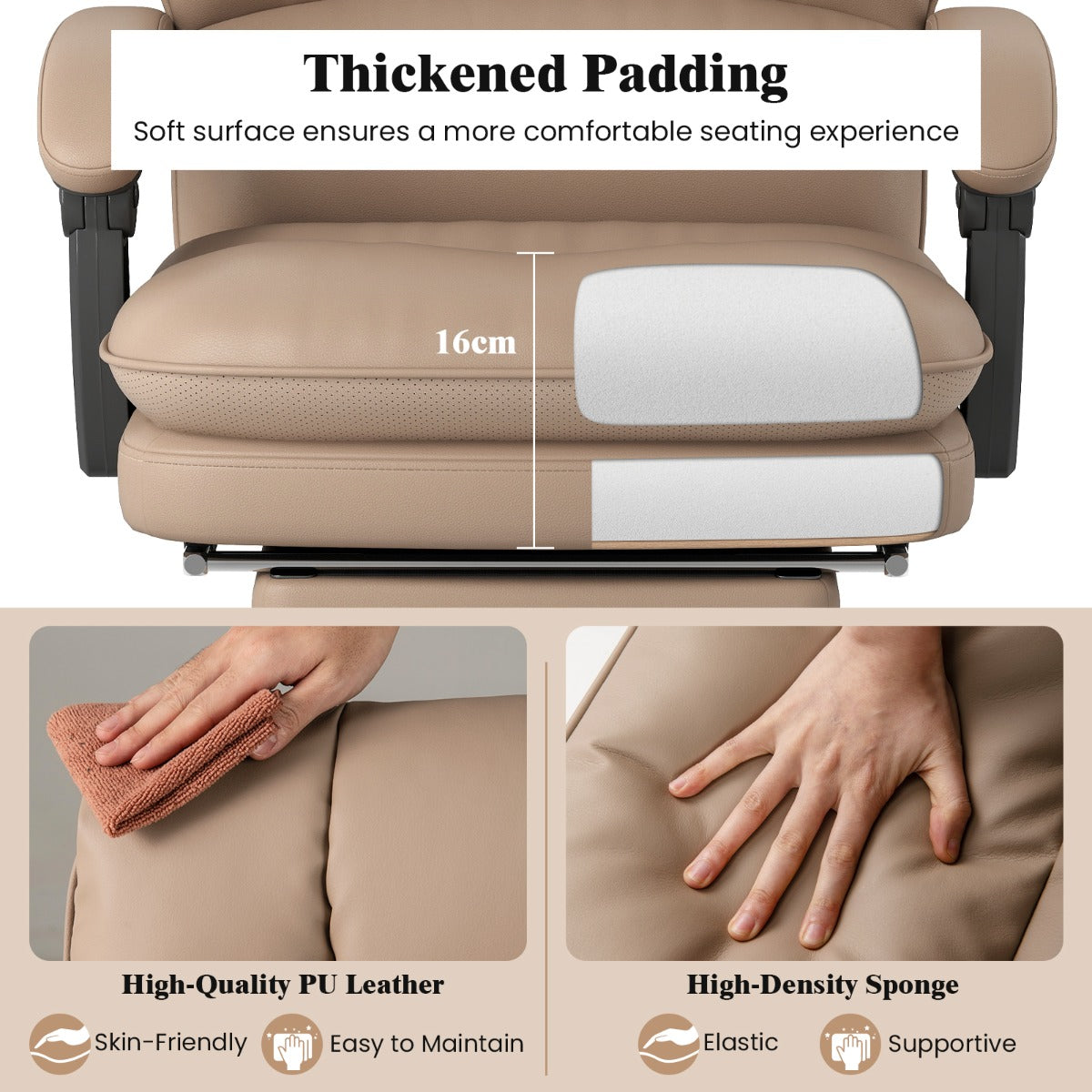 LIVSK Ergonomische Directiestoel - PU-leer - Verstelbare Rugleuning tot 155° - Uitschuifbare Voetensteun - Draaibaar - Tot 136 kg