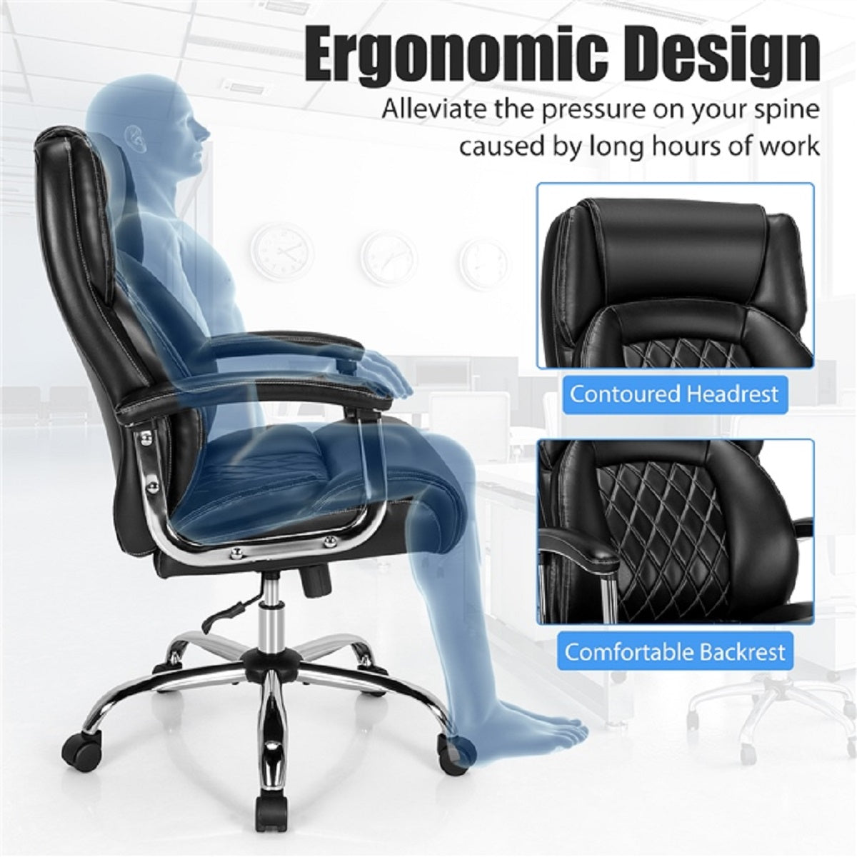 LIVSK Ergonomische Bureaustoel - Voor Lange Mensen - Kantelbare Rugleuning - 225 kg Belastbaar - Zwart