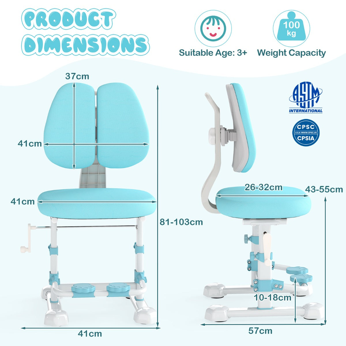 LIVSK Ergonomische Kinderstoel - Verstelbare Rugleuning, Zithoogte en Voetensteun - Antislip Basis - Voor Kinderen tot 100 kg