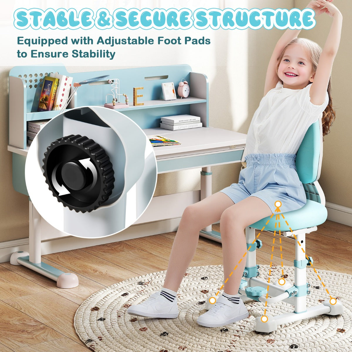 LIVSK Ergonomische Kinderstoel - Verstelbare Rugleuning, Zithoogte en Voetensteun - Antislip Basis - Voor Kinderen tot 100 kg