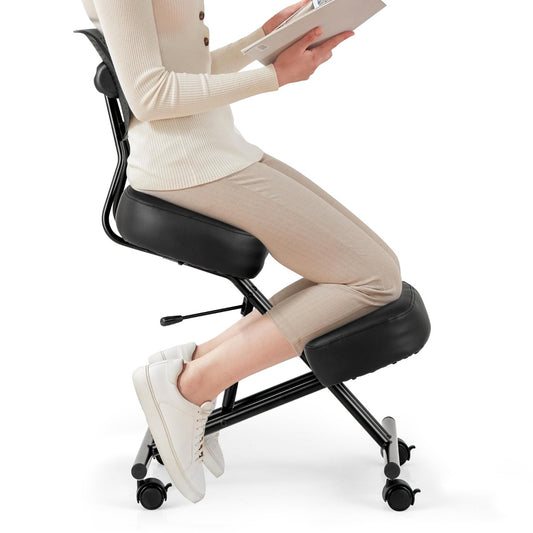 LIVSK Ergonomische Kniestoel - Verstelbare Hoogte 54-70 cm - Gevormde Rugleuning - Vergrendelbare Wielen - Zwart