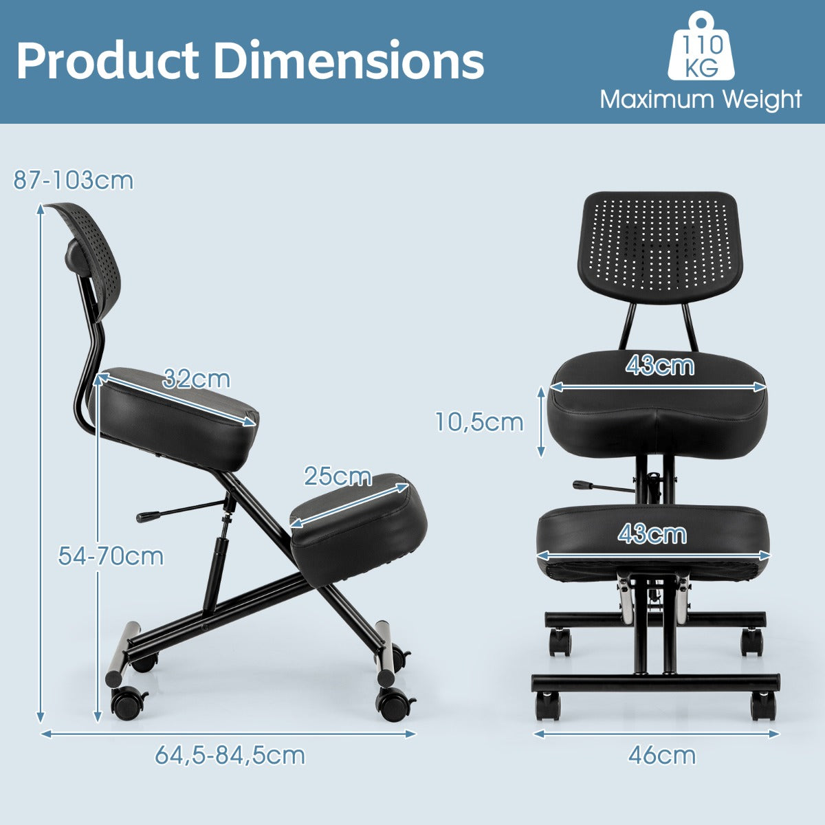 LIVSK Ergonomische Kniestoel - Verstelbare Hoogte 54-70 cm - Gevormde Rugleuning - Vergrendelbare Wielen - Zwart