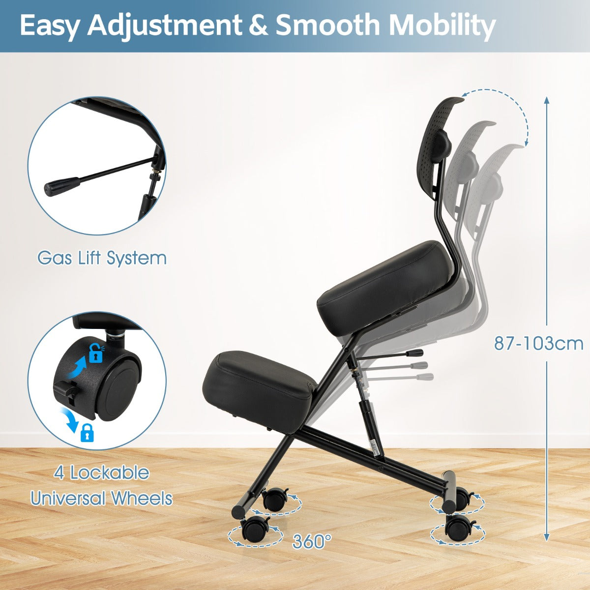 LIVSK Ergonomische Kniestoel - Verstelbare Hoogte 54-70 cm - Gevormde Rugleuning - Vergrendelbare Wielen - Zwart