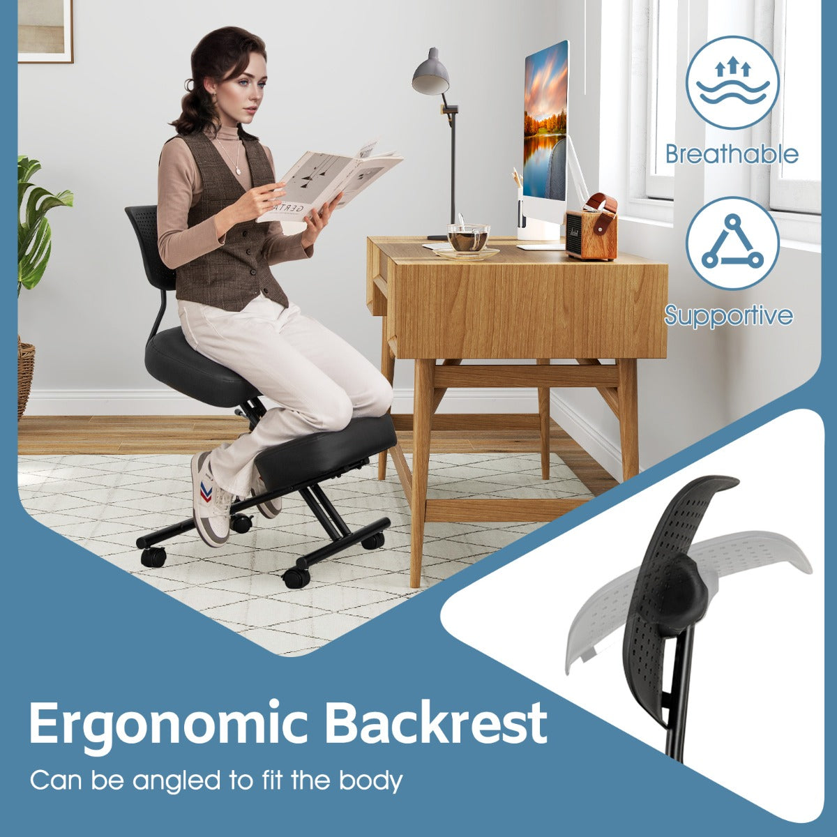LIVSK Ergonomische Kniestoel - Verstelbare Hoogte 54-70 cm - Gevormde Rugleuning - Vergrendelbare Wielen - Zwart
