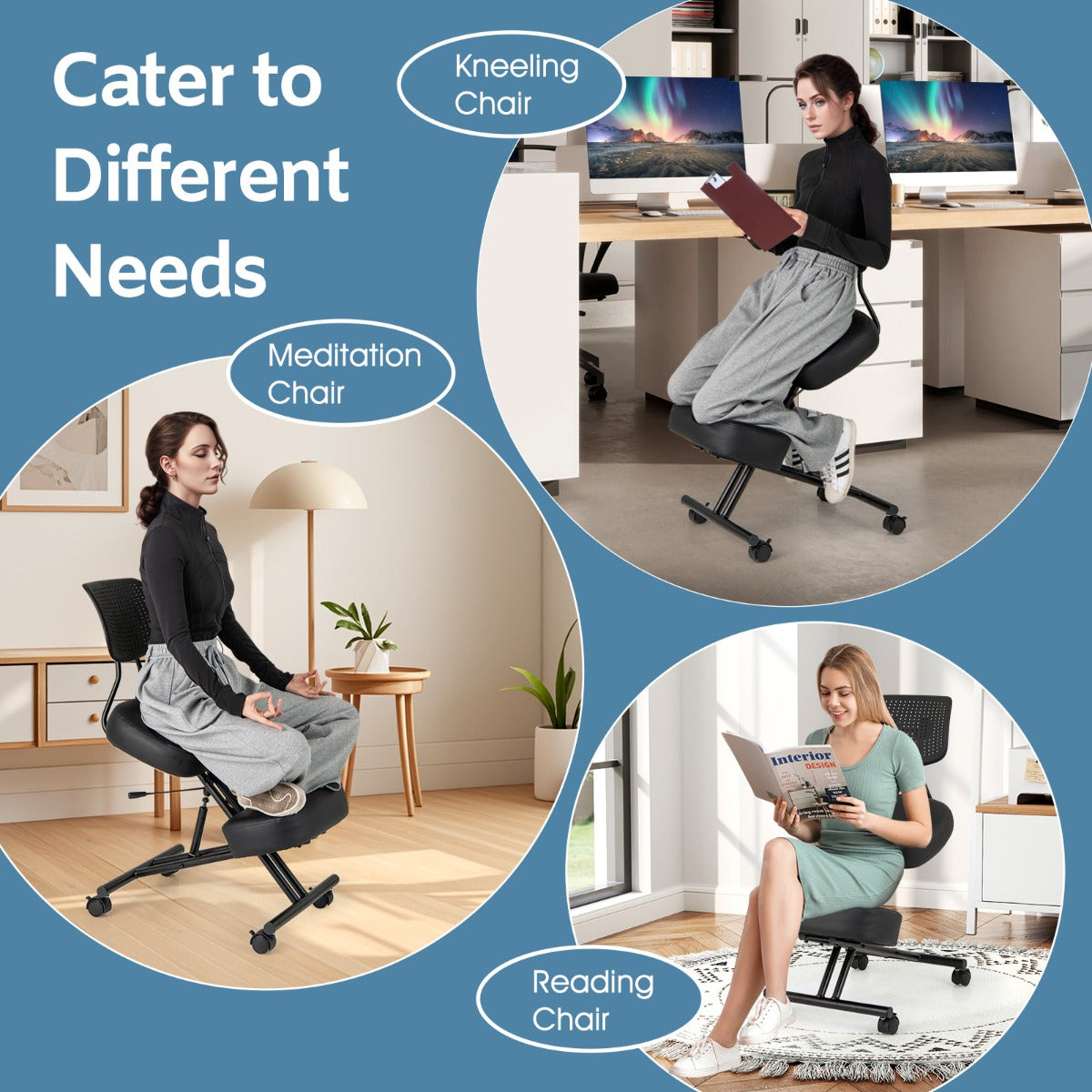 LIVSK Ergonomische Kniestoel - Verstelbare Hoogte 54-70 cm - Gevormde Rugleuning - Vergrendelbare Wielen - Zwart