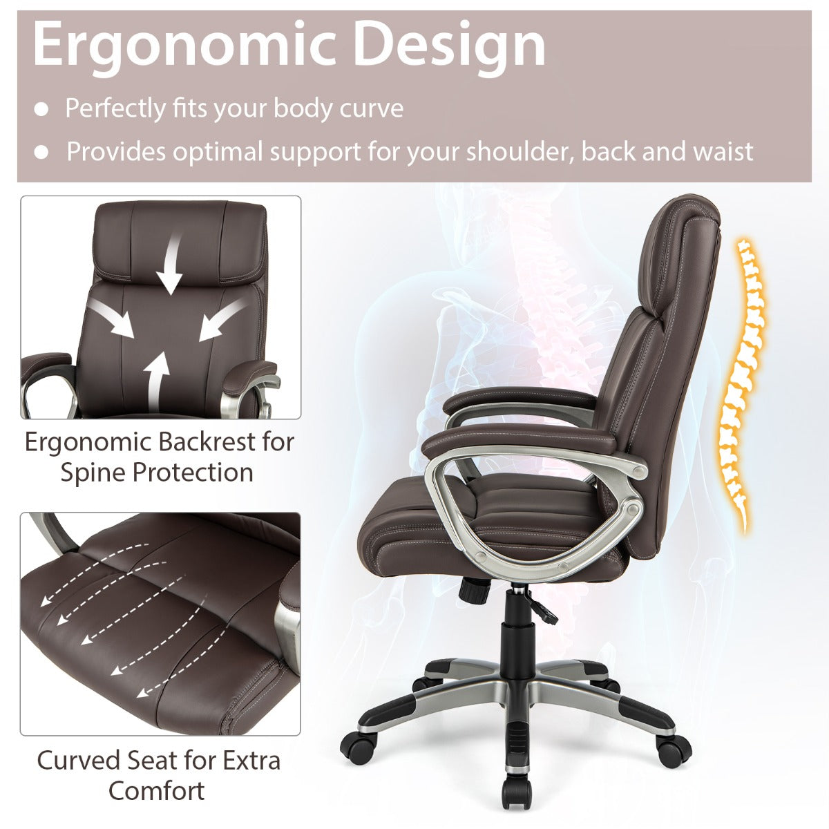 LIVSK Ergonomische Directiestoel - Draaibaar met Verstelbare Hoogte - Schommelspanningsregeling - PU-leer - Tot 160 kg - Bruin