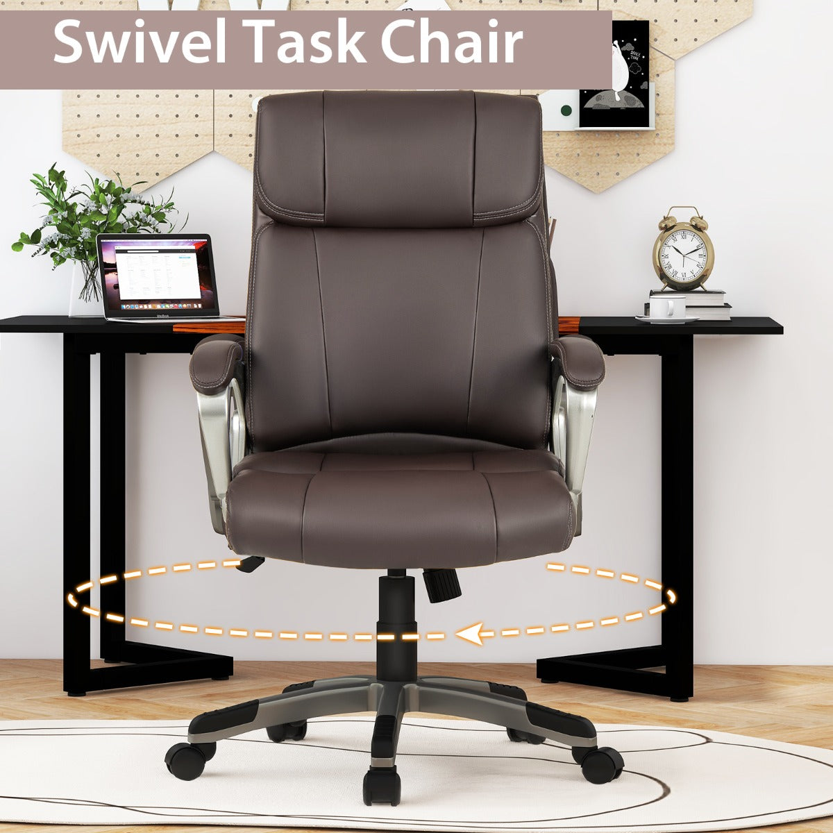LIVSK Ergonomische Directiestoel - Draaibaar met Verstelbare Hoogte - Schommelspanningsregeling - PU-leer - Tot 160 kg - Bruin