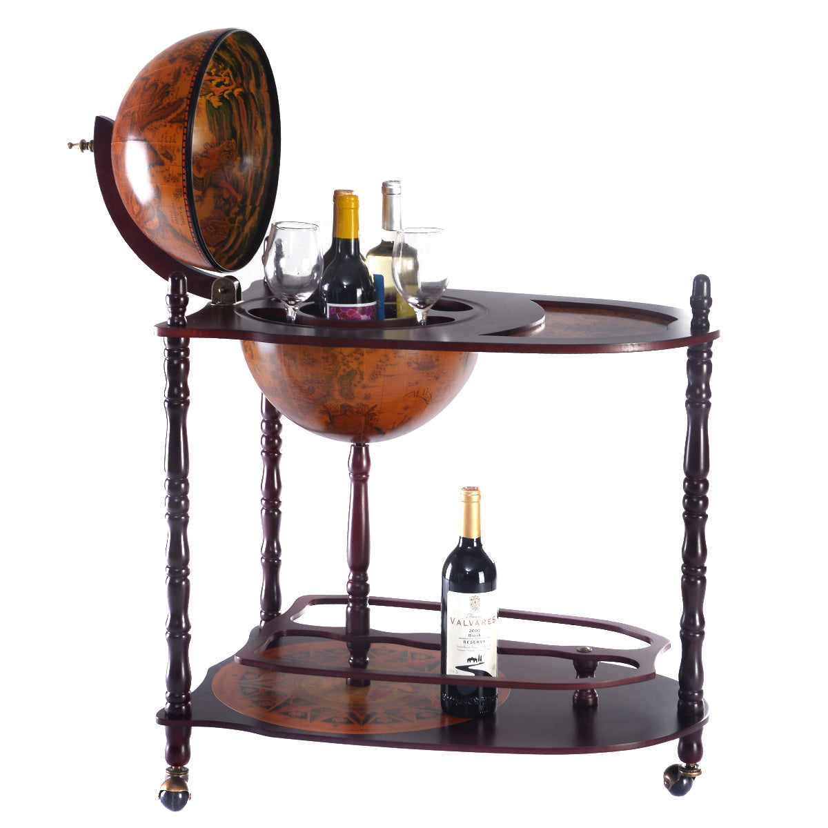 LIVSK Houten Wereldbol Wijnbarstandaard - Italiaans Design - 4 Kamers en 2 Legplanken - Met Wielen - 70 x 45 x 88 cm - Bruin