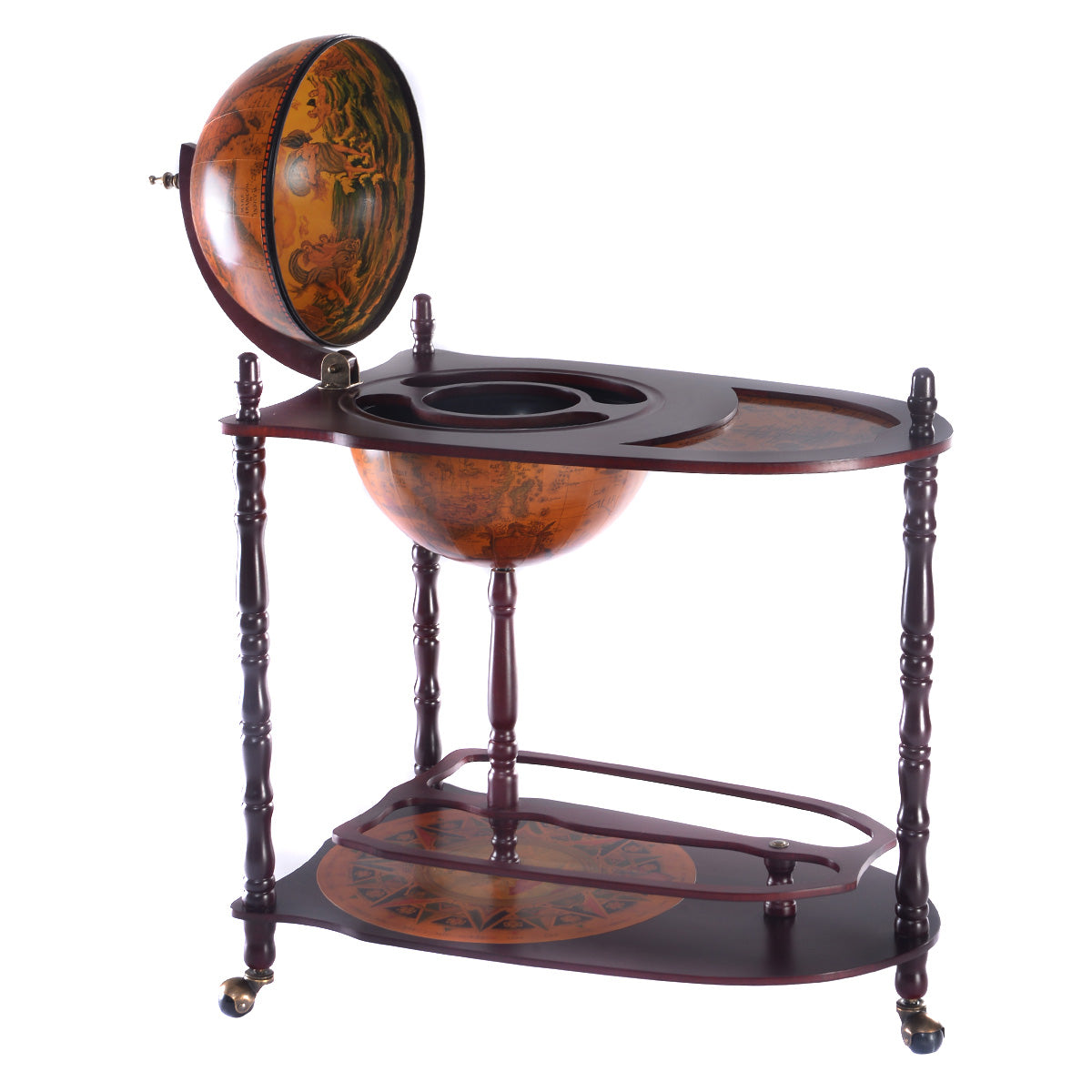 LIVSK Houten Wereldbol Wijnbarstandaard - Italiaans Design - 4 Kamers en 2 Legplanken - Met Wielen - 70 x 45 x 88 cm - Bruin